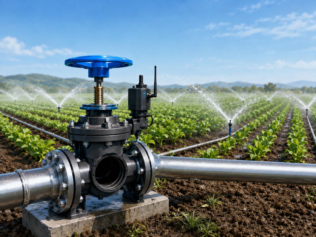 Una valvola di irrigazione in un campo di ortaggi con gli irrigatori in funzione